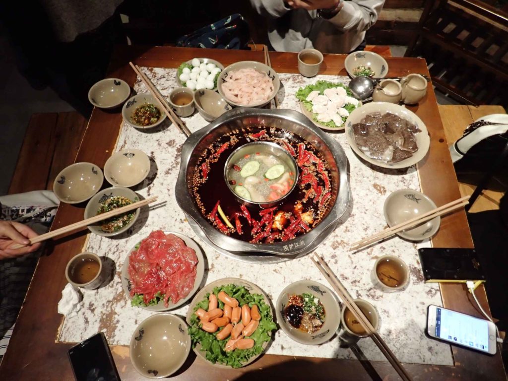 Dinner: hotpot. Note the intestines and tripe at 12 and 3 o’clock, respectively. Actually pretty good