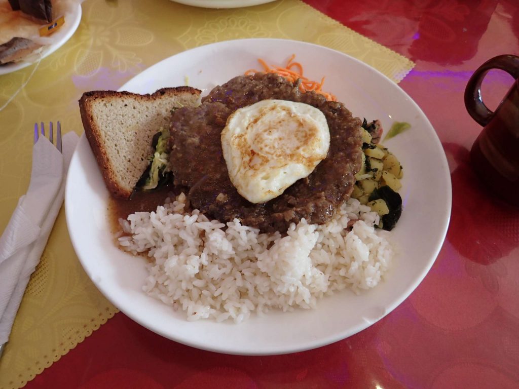 Lunch. Again, far better than it looked. This was pretty much a massive oven-baked mince patty – like the one you’d put in a burger. Served with fried egg, hardy bread, rice, coleslaw, and gravy.