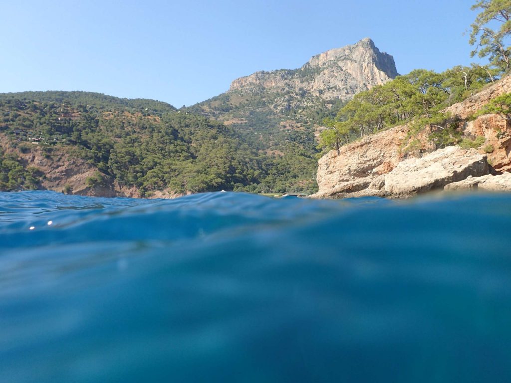 Kabak beached viewed from the Mediterranean waves outside the cave