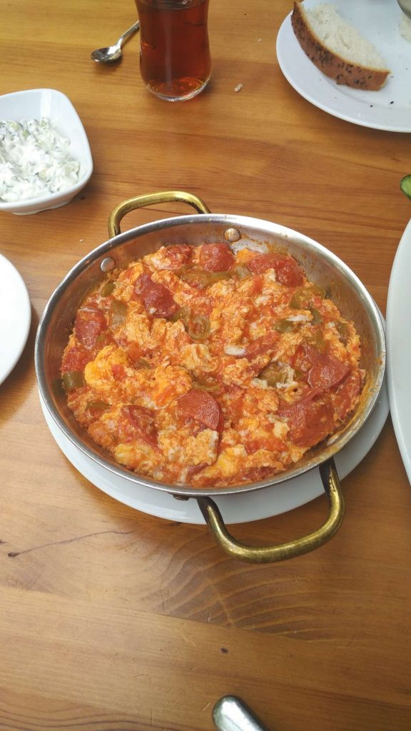 Sucuk menemen: scrambled eggs with vegetables and sausages