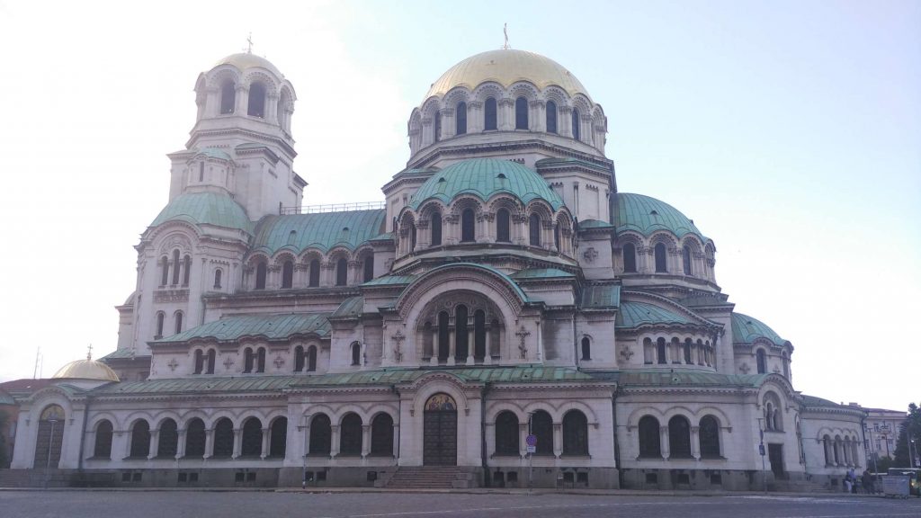 The church, with tumbling, cascading domes