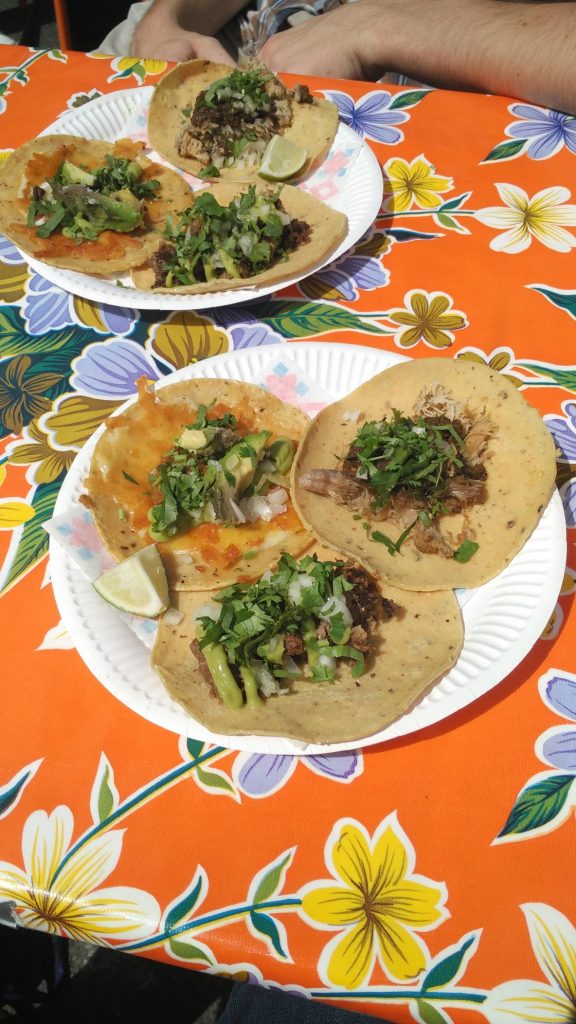 Lunch at Hija De Sanchez – opened by a Noma alum and doing quite well. Fresh corn tortillas with – clockwise – cheese, beef brisket, and beef tongue. Excellent.