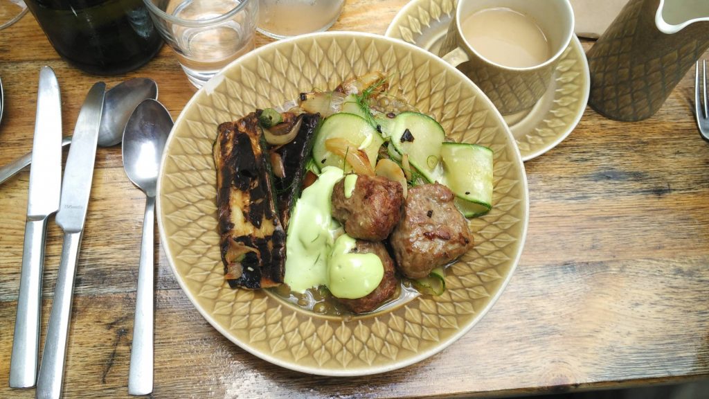 Manfred’s: charred zucchini, caramelized onion, and stewed lentils with beef and lamb meatballs