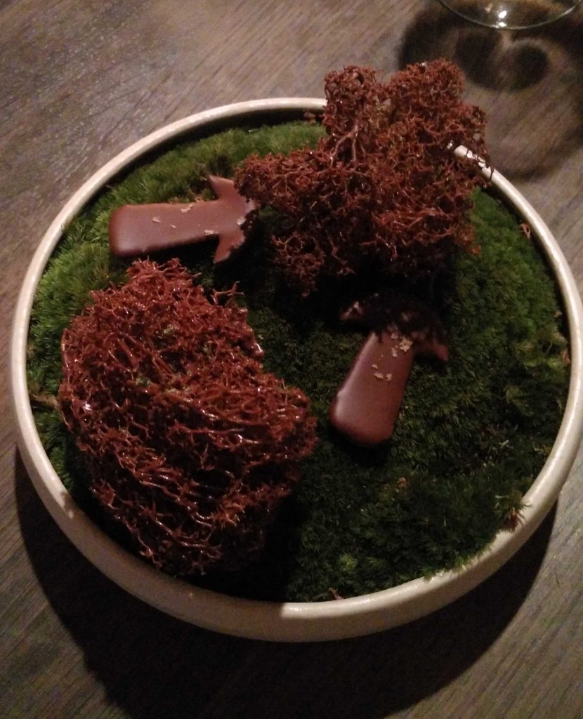 Liquorice porcini and fried reindeer moss sprayed with chocolate.