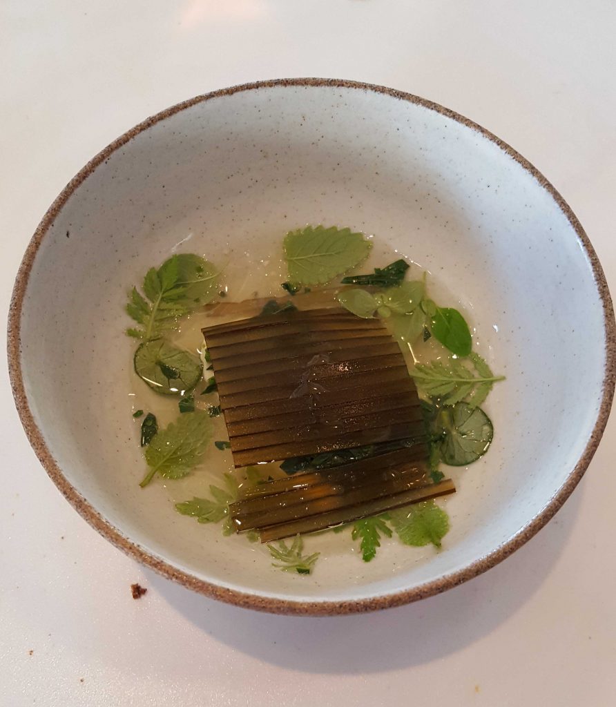 The next course – the bread an impossible act to follow – fresh milk curd, green strawberry and goose tongue leaves. The brown strips are painstakingly placed seaweed which give a savouriness to the otherwise very light dish.